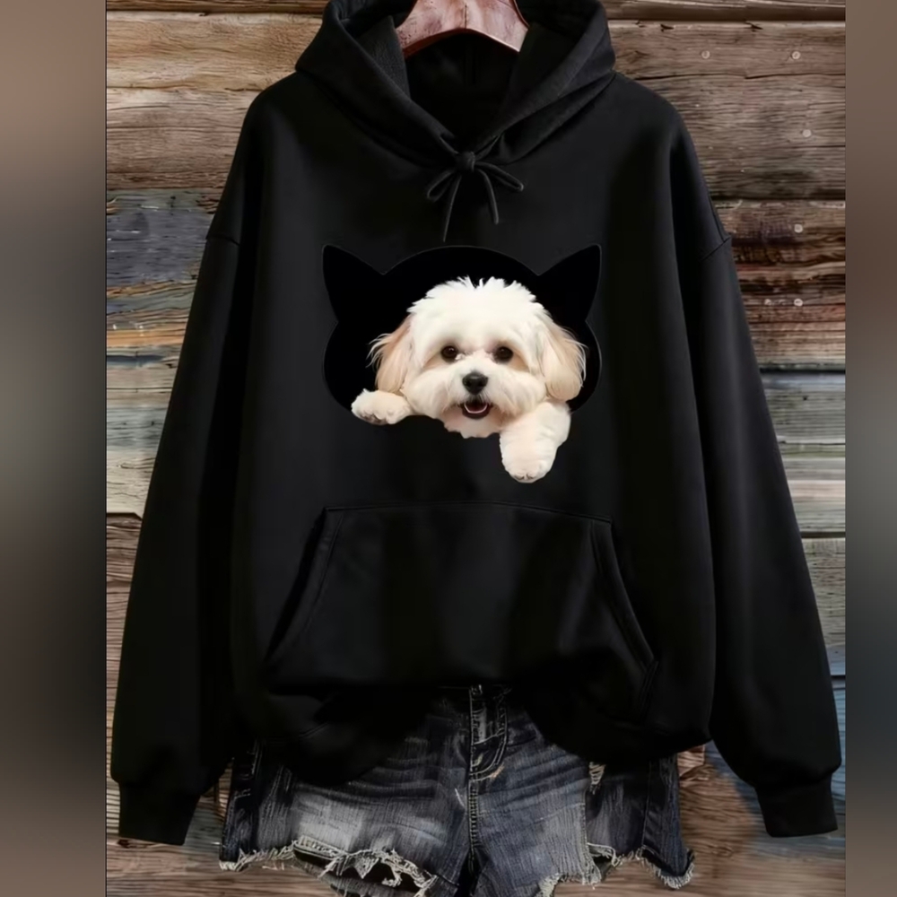 Black Hoodie with Cute Dog Print - XL